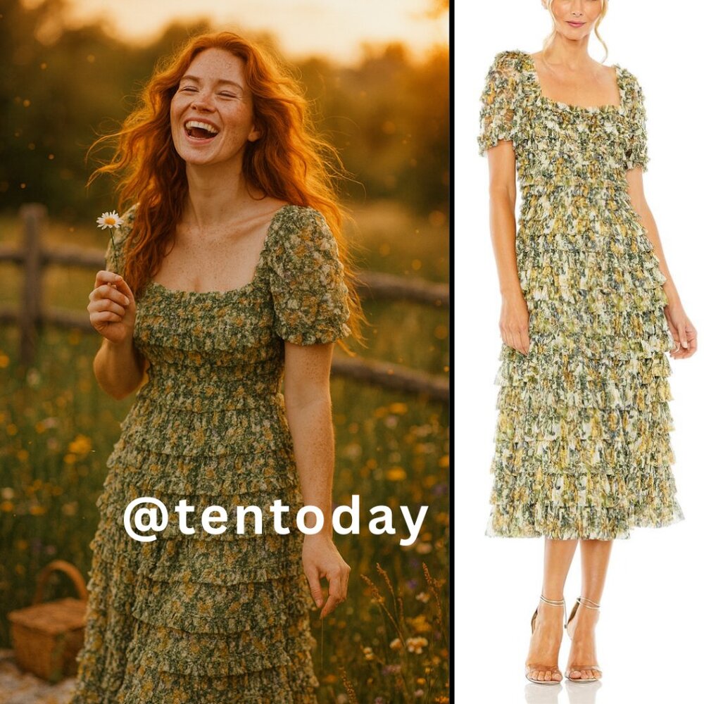 Mac Duggal 8232 Womens Size 20 Yellow Green Short Sleeve Ruffle Tea Length Dress